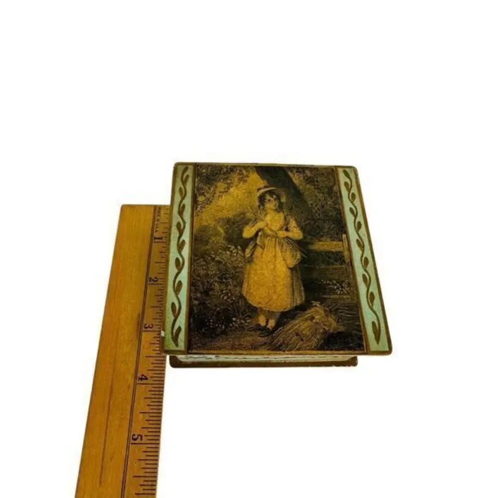 Vintage Hinged Metal Trinket Jewelry‎ Box Blue/Green With Gold Trim 3.75